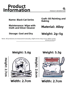 Detailed size specifications for two black cat enamel pins with dimensions and weights