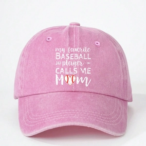 Pink washed cotton baseball cap with white heart embroidery and heart-shaped baseball print