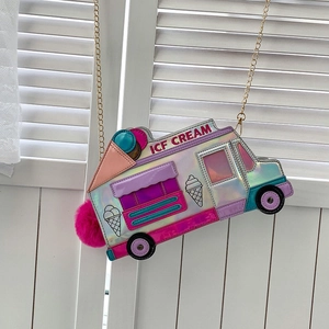 Holographic ice cream truck crossbody bag with gold chain and pink pompom detail