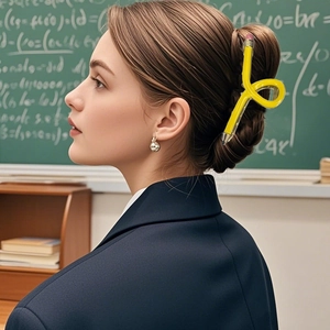 Detail of creative yellow pencil-shaped hair claw clip worn by a model in a school setting
