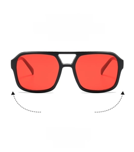 Detail of red lenses and black aviator frames showing clear vision and sleek curve design