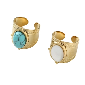 Bohemian adjustable stainless steel ring with turquoise and mother-of-pearl stones