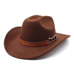 Brown wide-brim cowboy felt hat featuring a leather band and decorative silver metal chain