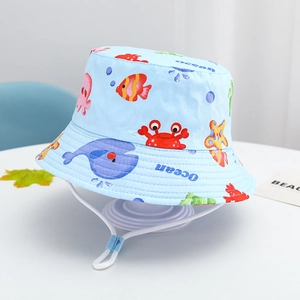 Detail of baby sun hat with ocean animal prints and adjustable windproof chin strap