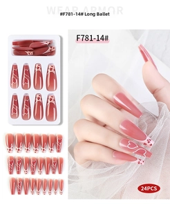 Detailed set of 24 long ballerina press-on nails with pink gradient and heart patterns
