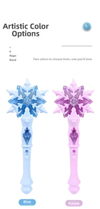 Detail of blue and purple snowflake magic wands with embossed texture and light buttons