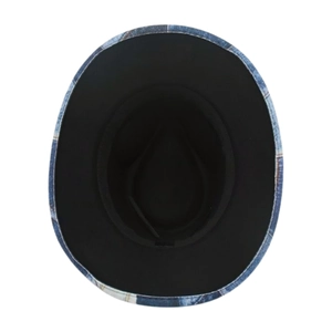 Top view of blue denim fedora with wide brim and black lining on white background