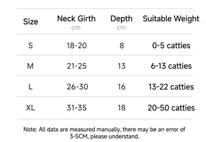 Size guide for adjustable pet recovery collar with neck circumference and depth details