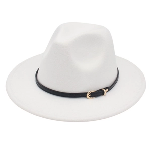 Detail of white fedora hat featuring black leather band and gold horseshoe buckle