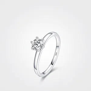 Classic Elegant Prong Solitaire Ring 925 Sterling Silver Clear Round Cubic Zirconia Minimalist Wedding Promise Jewelry For Women