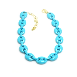 Detail showing vibrant blue coffee bean resin links with gold-plated lobster clasp