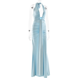 Detail of light blue backless maxi dress featuring waist pleats and draped fabric texture