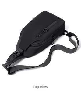 Top view of compact black chest bag with waterproof nylon texture and secure buckle closure