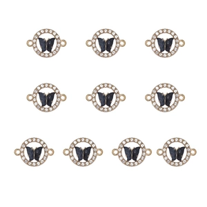 Close-up of 10 gold alloy circular butterfly pendants with rhinestones and double rings