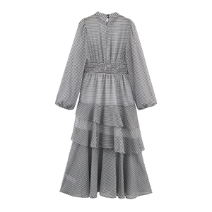 Vintage polka dot tiered maxi dress with lantern sleeves and elastic waist in black and white