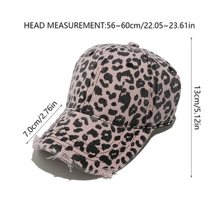 Pink leopard baseball cap size guide with 56-60cm head circumference and 7cm brim details