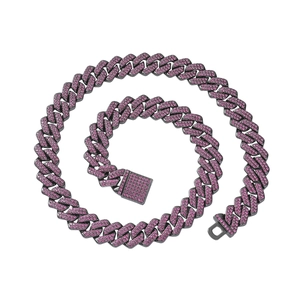 Hip hop black Cuban chain necklace with full pink rhinestones on white background