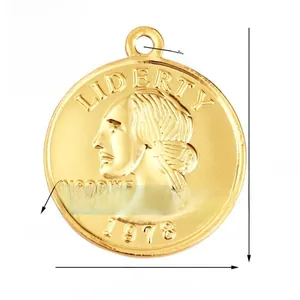 Detail showing 25mm gold-plated coin pendant dimensions with Liberty relief and back view