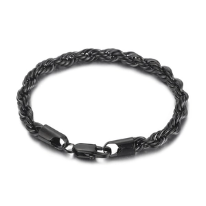 Black twisted rope chain bracelet in stainless steel with a secure lobster clasp