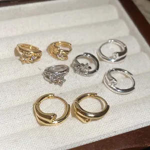 Créoles Étoile Croix Cuivre Plaqué Or 18K Avec Tige En Argent Sterling 925 Zircon Bijoux Élégants Pour Femmes