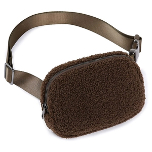 Brown fluffy fleece waist bag with adjustable nylon strap for hiking and running outdoors