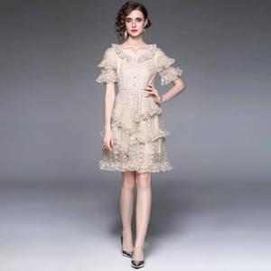 Short apricot lace V-neck dress with ruffle sleeves and layered cake skirt detail