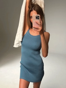Ribbed Knit Mini Dress Viscose Spaghetti Straps Bodycon Round Neck Slim Fit Sexy Summer Casual Sundress For Women
