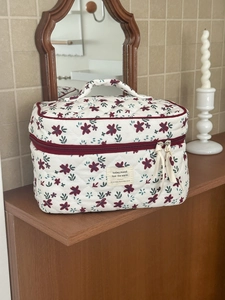 Quilted Corduroy Makeup Bag Floral Pattern Travel Toiletry Organizer Pouch Portable Large Capacity Zipper Case For Women