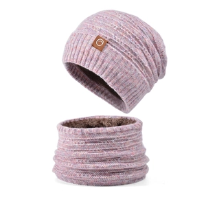 Pink winter knit beanie hat and scarf set with thick warm fleece lining for women