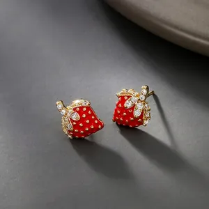 Luxury 14K gold plated strawberry stud earrings with red enamel and zircon stones