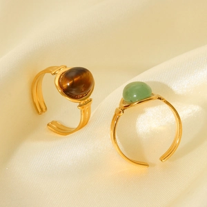 French vintage stainless steel open rings with natural tiger eye and green aventurine