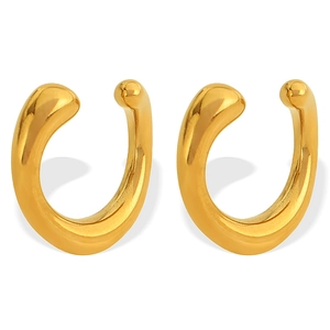 Minimalist gold-plated C-shaped cuff earrings with smooth metallic finish on white background