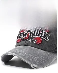 Macro shot of vintage gray washed denim baseball cap with New York 1946 embroidery