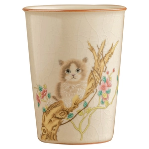 Exquisite Ru kiln ceramic tea cup with ice crackle glaze and cute cat blossom motif