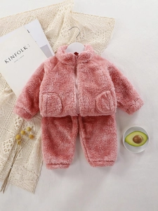 Pink plush two-piece fleece clothing set with a zipper jacket and cozy thermal pants