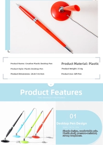 Detail view of plastic desk pen with metal chain and dimensions 20.8 x 4.9cm