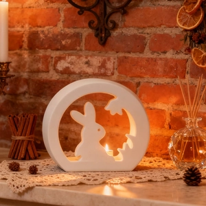 Detail of white ceramic rabbit cutout candle holder on lace mat with cozy decor