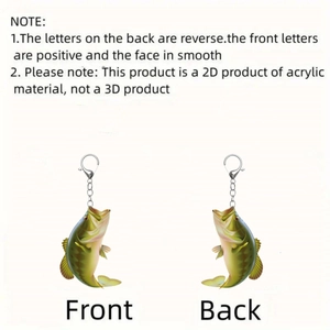 Front and back detail of acrylic largemouth bass keychain with metal keyring for fishing fans
