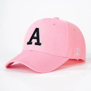 Pink cotton baseball cap with black letter A embroidery and curved brim in white background