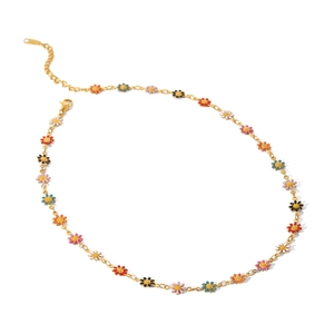Minimalist 18K gold stainless steel chain necklace with colorful enamel daisy pendants