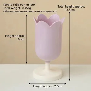 Detailed view of the purple tulip pen holder with dimensions showing 13.5cm total height