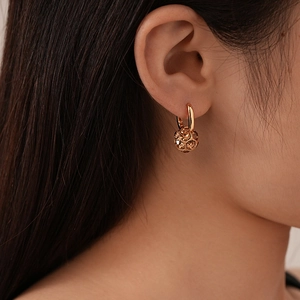 Maillard style gold plated geometric ball drop earrings with brown crystal inlay