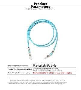 Detail view of 70cm sky blue waxed cord glasses strap with metal buckles and silicone loops