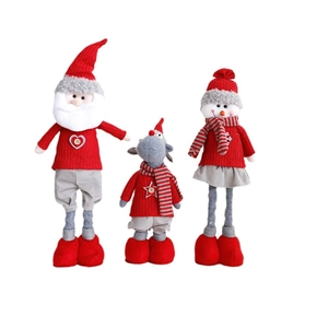 Three plush Christmas figurines featuring Santa, reindeer and snowman in red knit attire