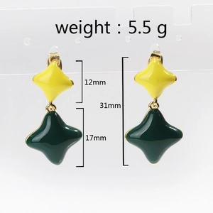 Detailed view of enamel clover earrings with dimensions 31mm length and 5.5g weight