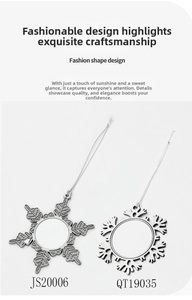 Detail of silver snowflake ornaments with round printable blank center for DIY crafting