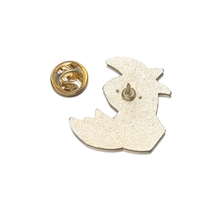 Cartoon dinosaur alloy brooch back view with gold plating and butterfly clutch pin