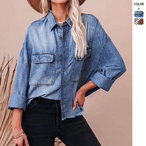 Women Vintage Washed Denim Shirt Jacket Long Sleeve Drop Shoulder Frayed Hem Lapel Loose Streetwear Casual Outerwear