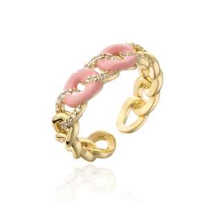 Detailed close-up of 18K gold-plated chain ring with pink enamel and white zircon stones