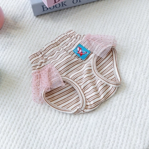 Close-up of baby bloomers with brown stripes, pink sequin lace, and elastic cotton fabric